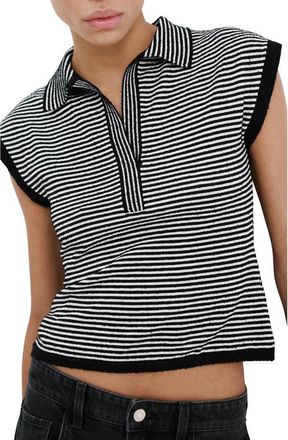 Mango Stripe Cap Sleeve Crop Sweater Polo in Black at Nordstrom, Size X-Large