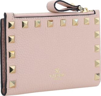 Valentino Garavani Womens Rockstud Zip Card Holder Rose Quartz Calf Leather Bos Taurus Wallet