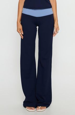 Princess Polly Kobee Contrast Waist Flare Jersey Pants in Navy /Light Blue at Nordstrom, Size 12