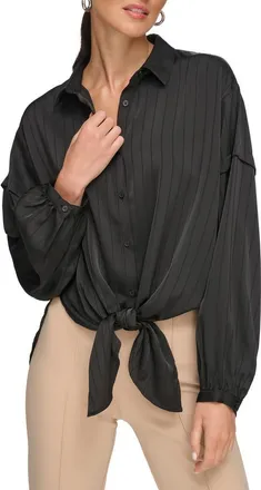 DKNY Stripe Jacquard Tie Hem Button-Up Shirt in Black at Nordstrom Rack, Size X-Large
