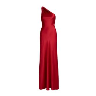 Ralph Lauren Asymmetrische Maxi Jurk met E&eacute;n Schouderband - Dames - Avondkleed - Rood - S - Polyester - Kleedjes
