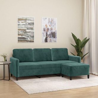 vidaXL Sof&aacute; De 3 Plazas Con Taburete De Terciopelo Verde Oscuro 180 Cm