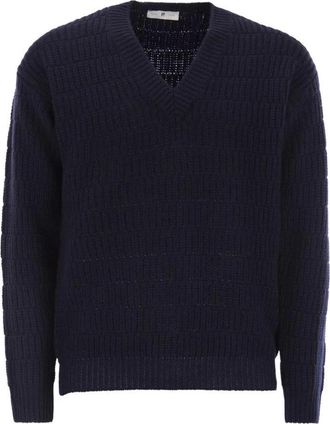 Pantaloni Torino V-Neck Gebreide Trui met Textuur - Heren - V-hals truien - Blauw - L - Wol - Truien & Vesten