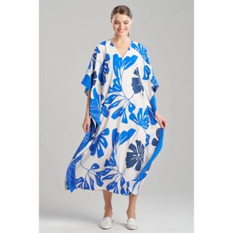 Natori Palma Caftan Womens Blue Milti Floral Side Slits V-Neck DDR2225
