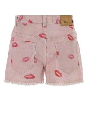 Isabel Marant Womens Printed Denim Lesia Shorts Pink Exterior: Cotton
