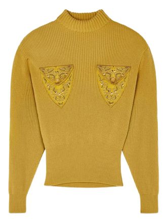 Versace embellished-pocket ribbed sweater - women - Other fibres/Virgin Wool - 40 - Yellow