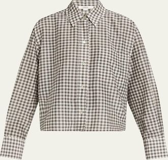 Vince Long-Sleeve Cropped Cotton-Silk Gingham Shirt