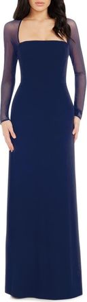 Dress The Population Maxwell Square Neck Long Sleeve Gown in Navy at Nordstrom, Size Xx-Small