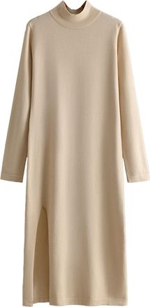 Generic Women Sweater Dresses Turtleneck Knitted Long Sleeve Dress Casual Solid Color Split Maxi Straight Fall Dresses Apricot