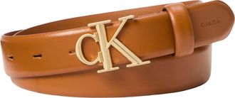 Calvin Klein Lederg&uuml;rtel CALVIN KLEIN ROUND CK BUCKLE 30MM BELT SMOOTH, Damen, Gr. 11,5, argan oil, antique light gold, Web, Rindsleder, unifarben, G&uuml;rtel Lederg&uuml;r