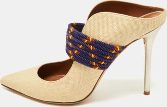 Malone Souliers Beige/navy Blue Raffia And Cord Mara Pointed Toe Mules
