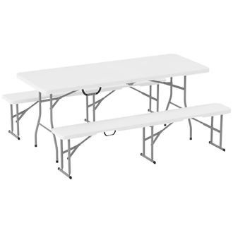OUTSUNNY 3 Piece Folding Picnic Table and Bench Set with Handles - White | TJ Hughes