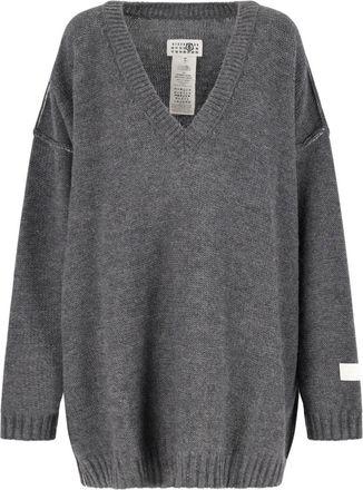 Maison Margiela V-Neck Grey Wool Sweater With Ribbed Finishes