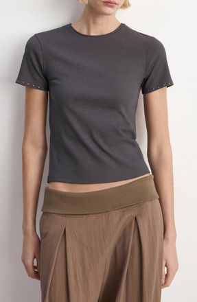 Mango Studded Trim Stretch Cotton Blend Rib Crop T-Shirt in Charcoal at Nordstrom, Size X-Large