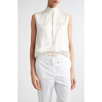 Eleventy Twist Mock Neck Sleeveless Silk Satin Top in Ivory at Nordstrom, Size 00 Us