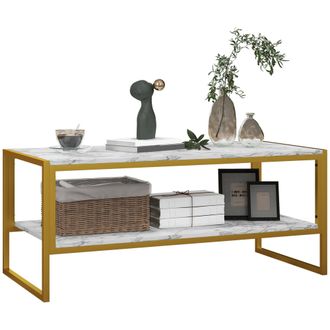 HOMCOM Two-Tier Coffee Table With Marble Effect Shelf And Metal Frame White | TJ Hughes