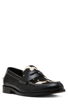 Steve Madden Natan Genuine Calf Hair Penny Loafer in Black/White Calf Hair at Nordstrom Rack, Size 10.5