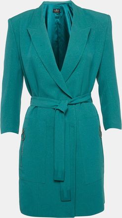 Elisabetta Franchi Green Shimmering Crepe Belted Double Breasted Jacket
