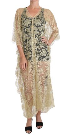 Dolce & Gabbana Gold Floral Lace Crystal Gown Cape Womens Dress