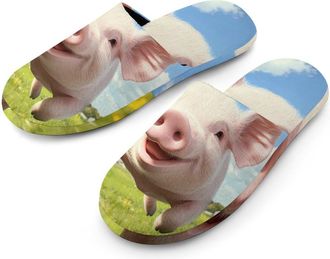 Generic Jumping Pigs Flannel Mens Slip-on Slippers Winter Warm House Shoes with Rubber Sole for Home Hotel
