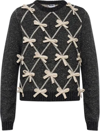 Moschino Textured Grey Knit Sweater with Decorative Bows