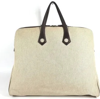 Herm&egrave;s Beige Brown Leather Canvas Handbag Tote Bag (Pre-Owned)