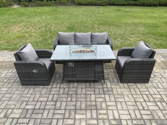 Fimous Garden Patio Furniture Wicker Rattan Gas Fire Pit Table & Chair set with 3 Seater Sofa Dark Grey Mixed