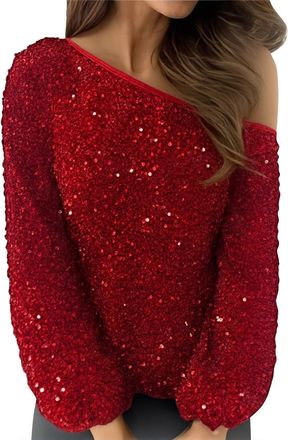 Generic Womens Sparkly Velvet Tops Sparkle Off The Shoulders Sweatshirts Soft Comfortable Pullover Fashion Temperament Shirt Comfy Evening Party Blouses for L