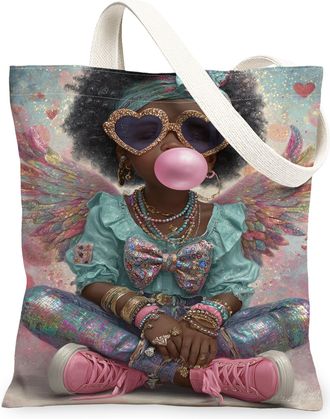 Generic Artistic Angel Canvas Tote Bags, Colorful Winged Design Reusable Grocery Bags, Stylish Vintage Lightweight Washable Shoulde, Multicolor, 13x15 Inch