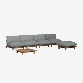 Sklum Sklum - Conjunto De Jard&iacute;n Con Sof&aacute; Modular Reclinable De 4 Piezas, Mesa De Centro Y Puff En Madera De Acacia Brina