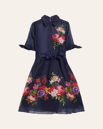 Teri Jon Silken Linen Floral-Print Shirtdress