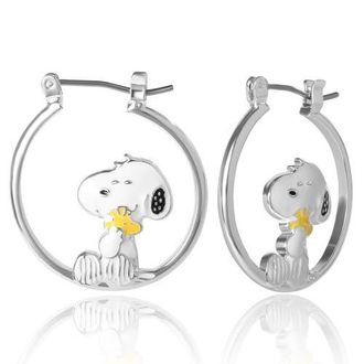 Peanuts Snoopy Hugging Woodstock Enamel Hoop Earrings in Silver at Nordstrom