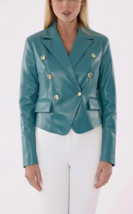 Dolce Cabo Cropped Faux Leather Double Breasted Blazer In Aqua