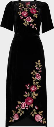 Johnny Was Floral-Embroidered Velvet Midi Wrap Dress