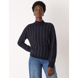 Whistles Stripe Wool Funnel Neck Knit Sweater in Navy at Nordstrom, Size X-Small