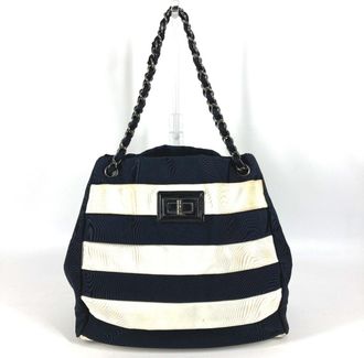 Chanel 2.55 Black White Nylon Canvas Shoulder Bag Tote Bag (Pre-Owned)