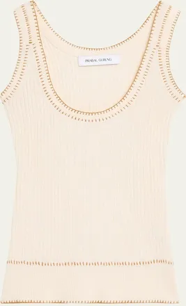 Prabal Gurung Blanket-Stitch Silk-Cashmere Rib Scoop-Neck Tank Top