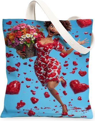 Generic ValentineS Day Floral Canvas Tote Bags, Heart Pattern Reusable Grocery Bags, Lightweight Washable Shoulder Strap Canvas Fo, Blue, 13x15 Inch