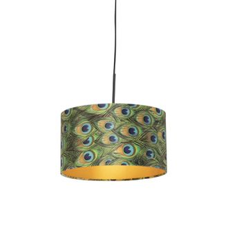 QAZQA Cl&aacute;sico/antiguo L&aacute;mpara Colgante Con Pantalla De Terciopelo Pavo Real Con Dorado 35 Cm - Combi Acero /textil Cil&iacute;ndra /alargada /redonda Adecuado Para