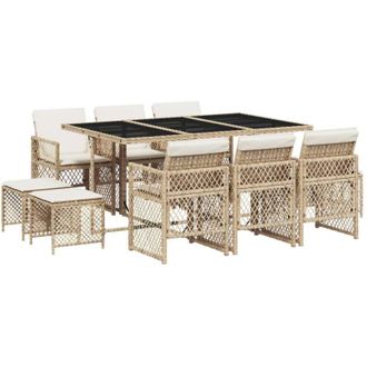 vidaXL Set Comedor De Jard&iacute;n 11 Pzas Con Cojines Rat&aacute;n Sint&eacute;tico Beige Vidaxl