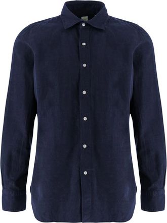 Finamore Ribbed Cotton Shirt - Heren - Casual Overhemden - Blauw - XL - Katoen - Overhemden
