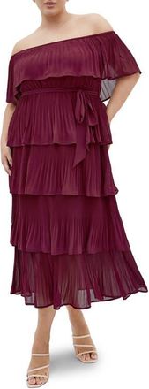 City Chic Night Garden Tiered Release Pleat Off the Shoulder Maxi Dress in Red Burgundy at Nordstrom