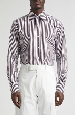 Tom Ford Slim Fit Ladder Stripe Button-Up Shirt in White/Brown at Nordstrom, Size 40