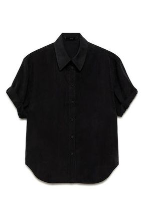 Mango Solid Short Sleeve Cupro Blend Button-Up Shirt in Black at Nordstrom, Size 6