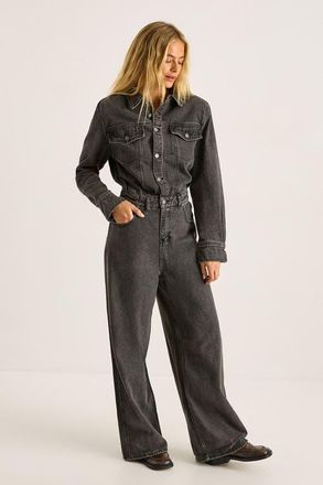 NASTY GAL Denim Shoulder Pad Boilersuit in Washed Black at Nordstrom, Size 10
