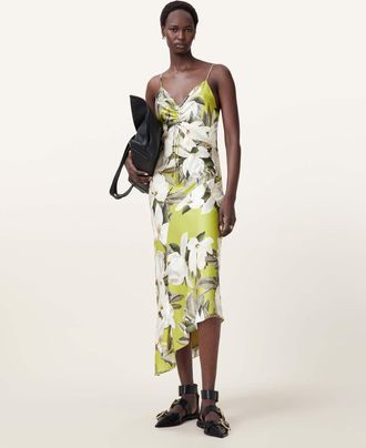 AllSaints Womens Viscose Alexia V-Neck Drawstring Midi Slip Dress, Size: UK 14/US 10