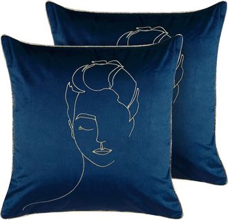 Beliani Beliani - Conjunto De 2 Cojines De Terciopelo Azul Dorado 45 X 45 Cm Patr&oacute;n De Cara Crocus