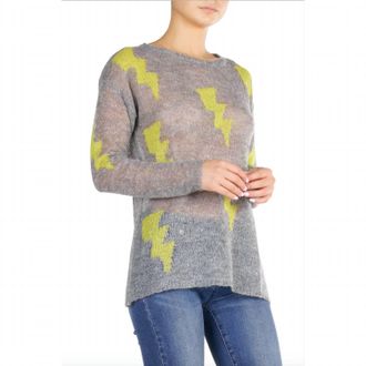 Elan Crew Neck Lightning Bolt Sweater In Grey/lime