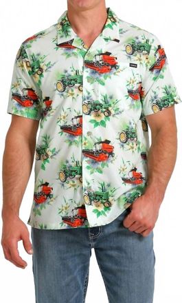 Cinch Tractor Short Sleeve Button Down Camp Shirt In White/green
