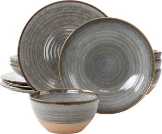 Gibson Home 12 Piece Dreamweaver Round Earthenware Dinnerware Set in Gray